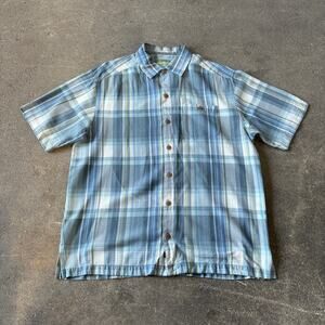 Tommy Bahama Shirt Mens M Blue Plaid Button Up Short Sleeve Silk Collared